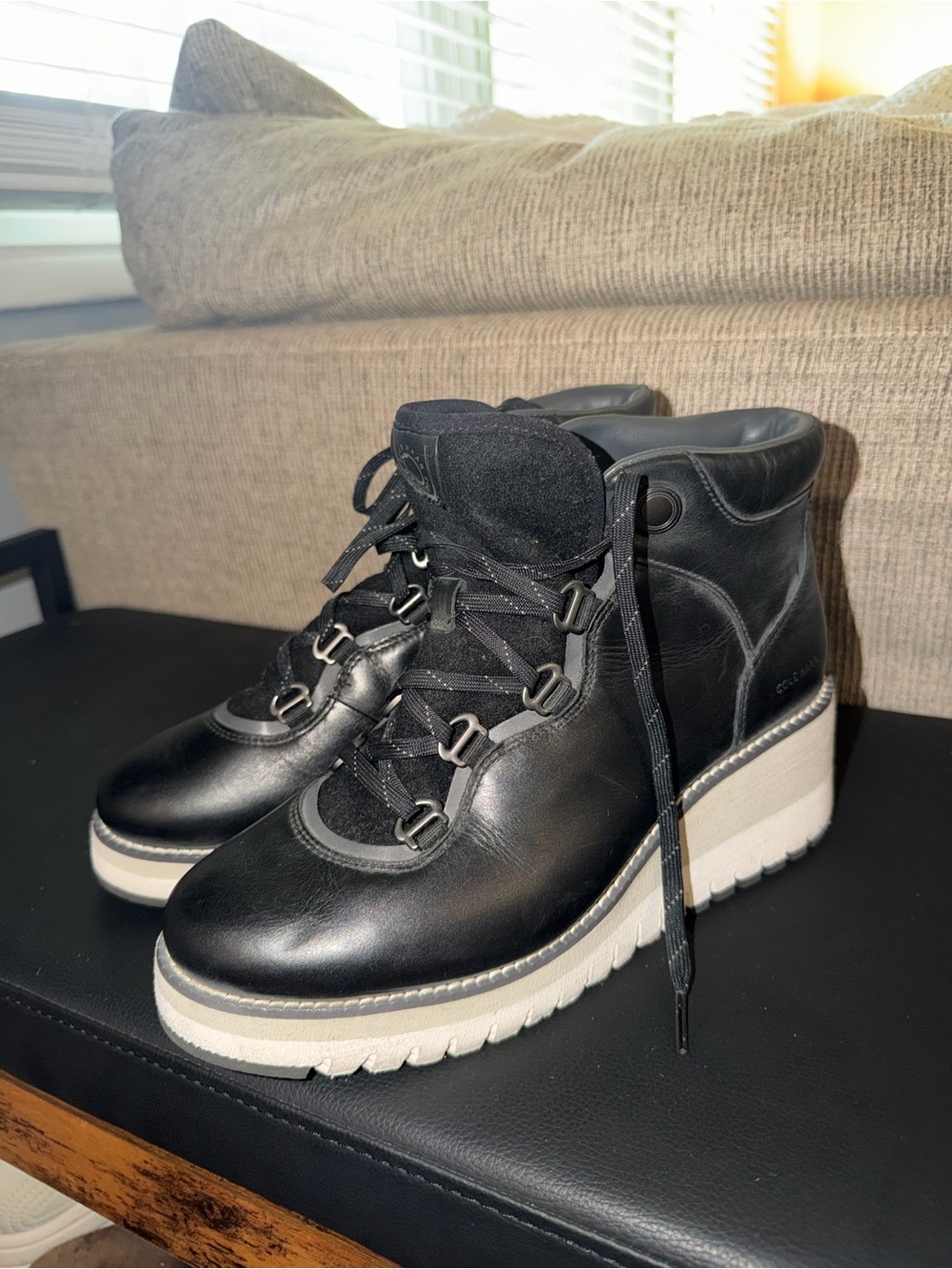 Cole Haan Black Leather Platform Lace-Up Ankle Boots with Cream Sole